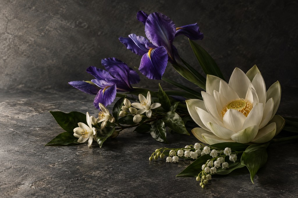 暗い石の上に置いたアイリスとオレンジの花、すずらん、蓮の花